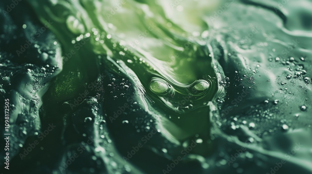 Poster close-up shot of green oil and water mixture, with droplets creating a stunning macro abstract backg