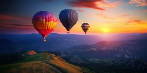 Fototapeta premium Colorful hot air balloons soar over a stunning desert landscape at sunset. created by ai