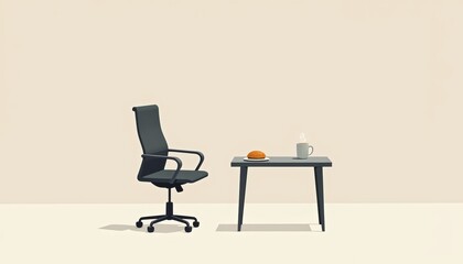 Fototapeta premium Minimalistic office workspace with chair, table, lunch, and coffee during a break