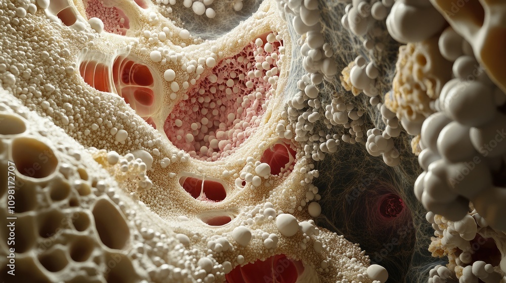 Poster Close-up view of biological cells under a microscope, showcasing intricate details and structures in a scientific context.