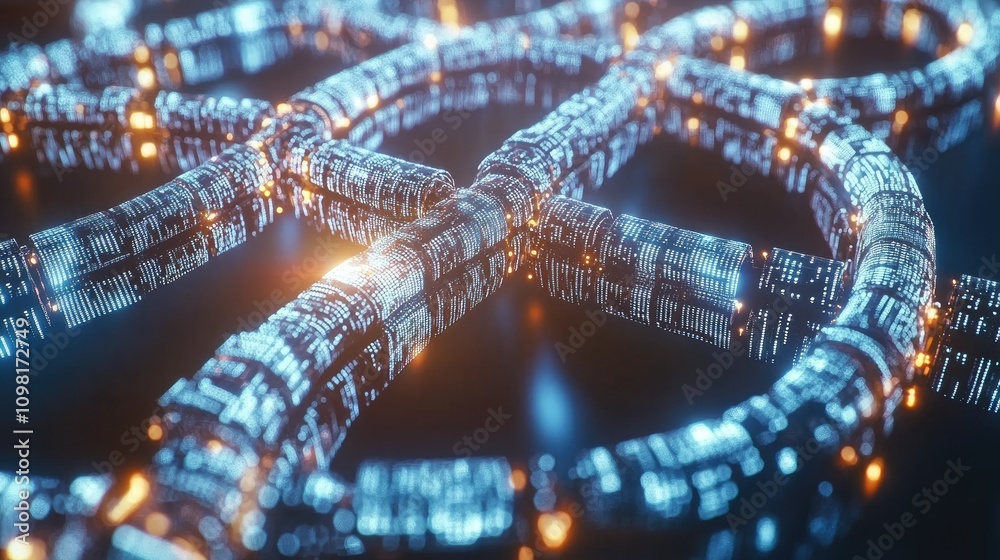 Poster Close-up view of blockchain digital elements in a circular pattern, with glowing nodes and interconnected data points.