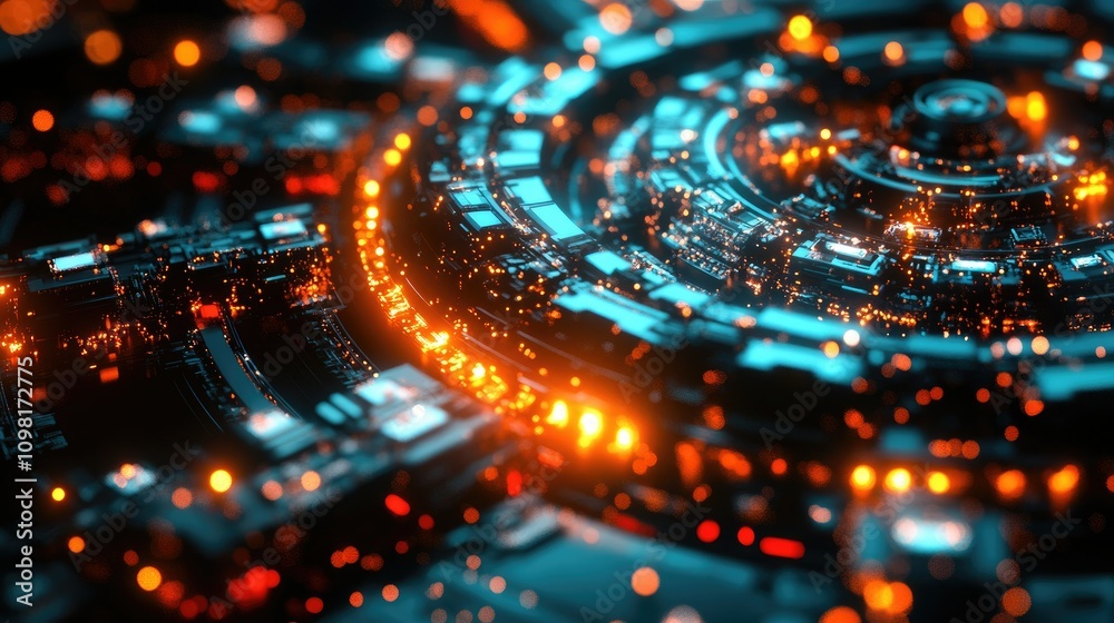 Poster Close-up view of blockchain digital elements in a circular pattern, with glowing nodes and interconnected data points.