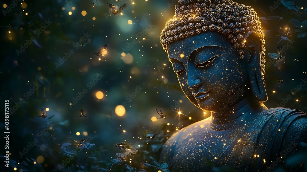 Poster mystical buddha statue in enchanted garden with glowing fireflies under moonlight : generative ai