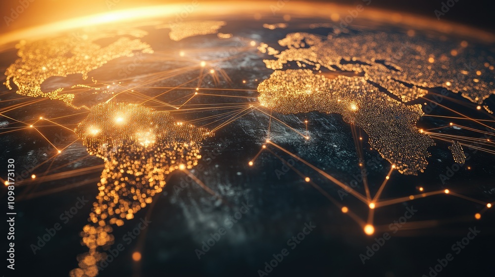 Poster Concept of global service networks, showing a world map with interconnected lines symbolizing worldwide business and service reach.