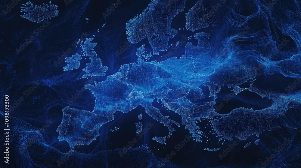 Poster dark blue data patterns emerging over europe, representing global data flow analysis and digital tra