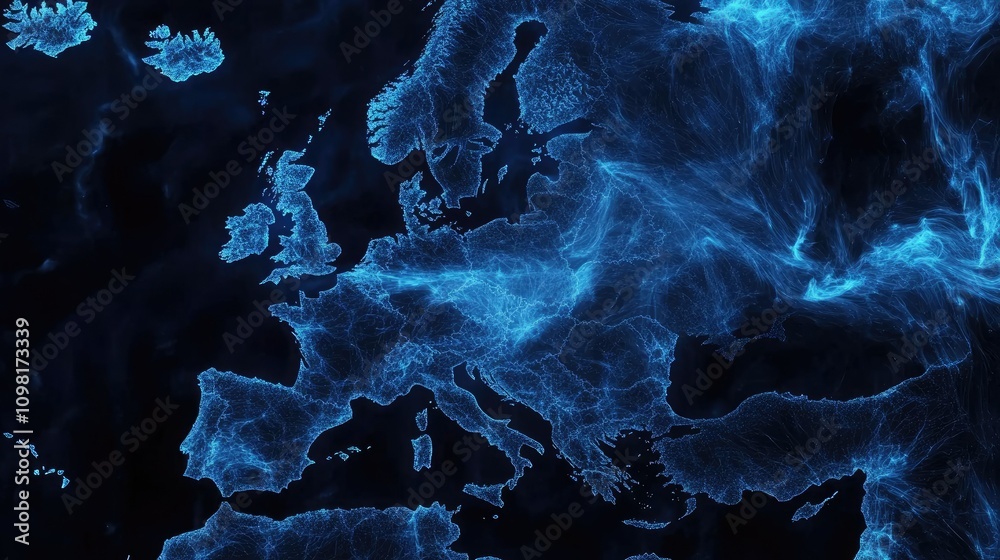 Poster Dark blue data patterns emerging over Europe, representing global data flow analysis and digital transformation across the continent.