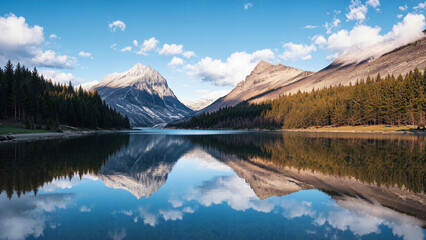 Obraz premium A serene lake reflects majestic mountains and a clear blue sky, surrounded by dense pine forests.