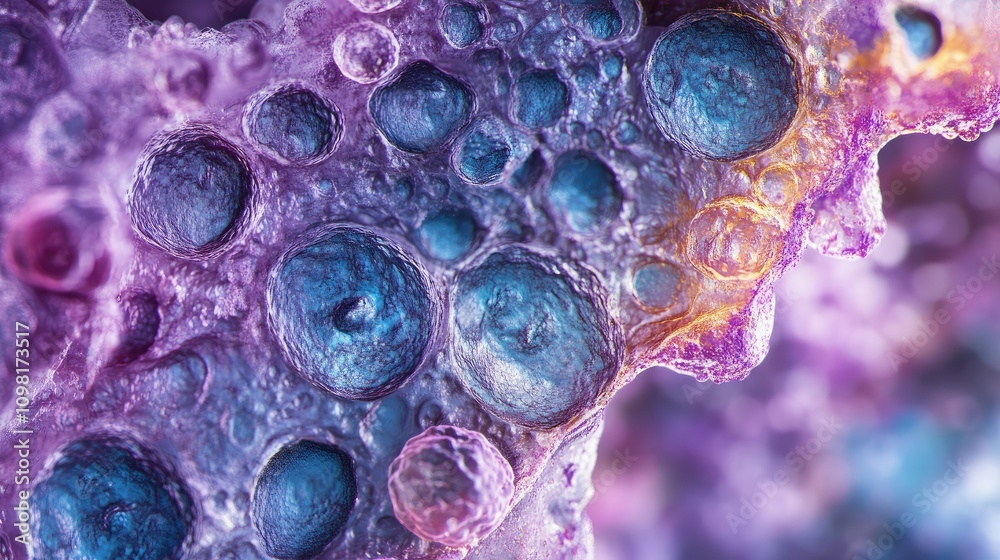 Poster Detailed shot of cells under a microscope, illustrating cell structure and division with high precision.