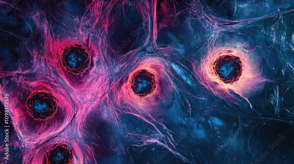 Poster Detailed shot of cells under a microscope, illustrating cell structure and division with high precision.