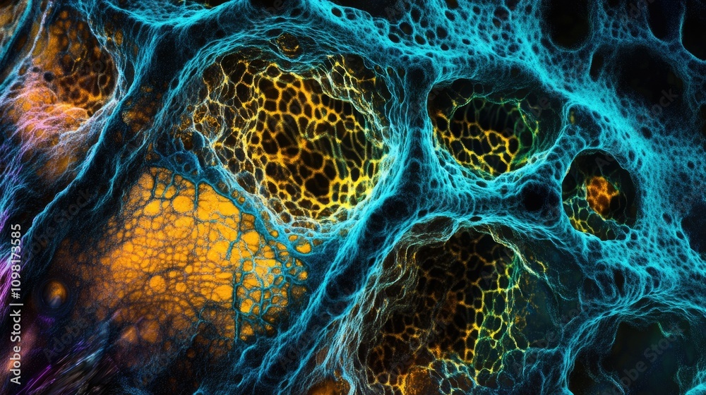 Poster Detailed shot of cells under a microscope, illustrating cell structure and division with high precision.
