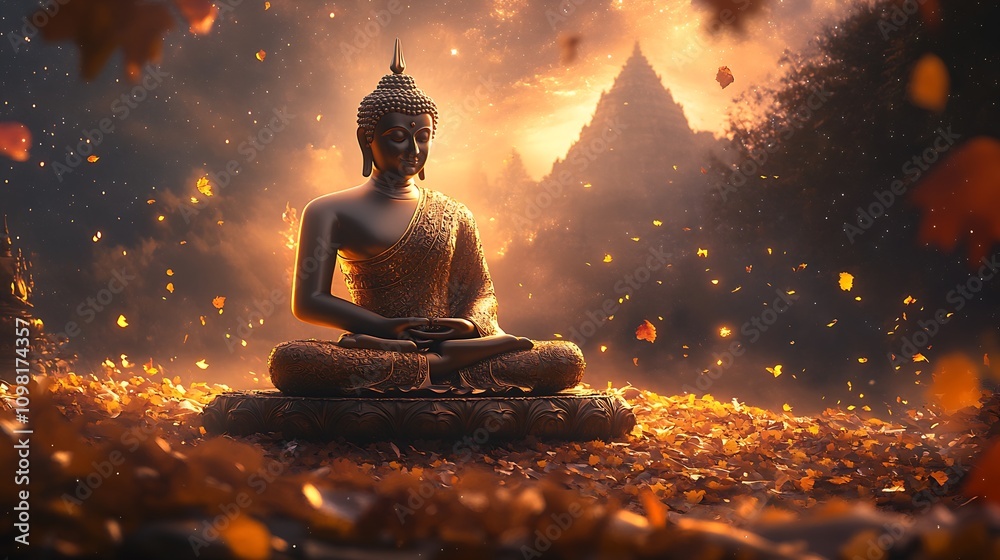 Poster Enlightened Buddha Beside Ancient Pyramid in Mystical Autumn Setting : Generative AI