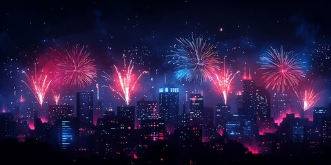 Spectacular Red Fireworks Over Twinkling City Skyline at Night : Generative AI