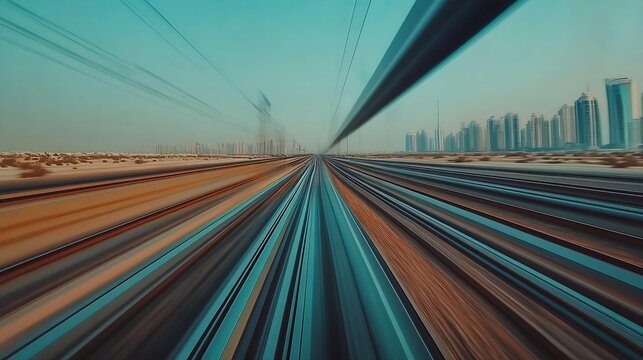 Motion blur train journey through urban landscape with futuristic city view : Generative AI