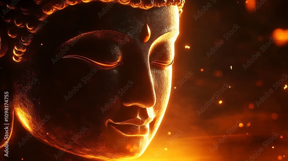 Aufkleber serene buddha statue portrait illuminated by warm glowing embers in darkness : generative ai