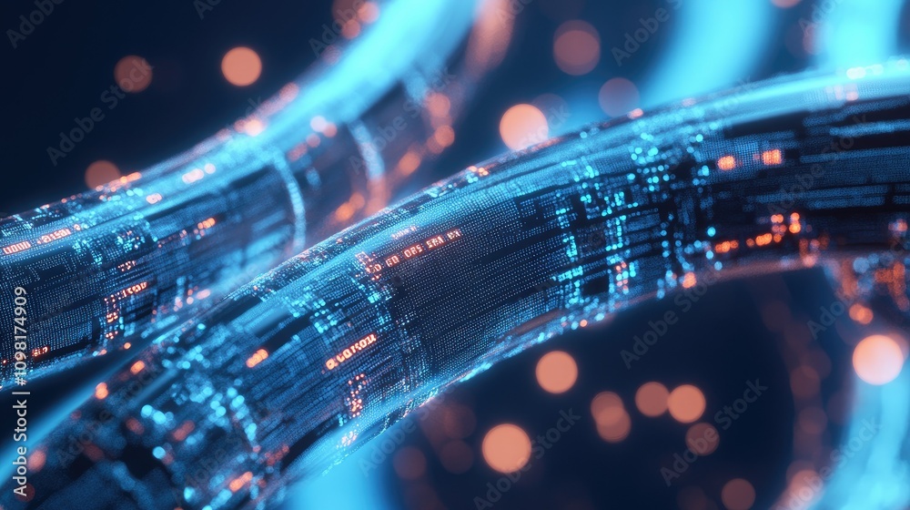 Poster Glowing blue data cables connecting at high speed, representing fast, efficient network communication in a tech environment.