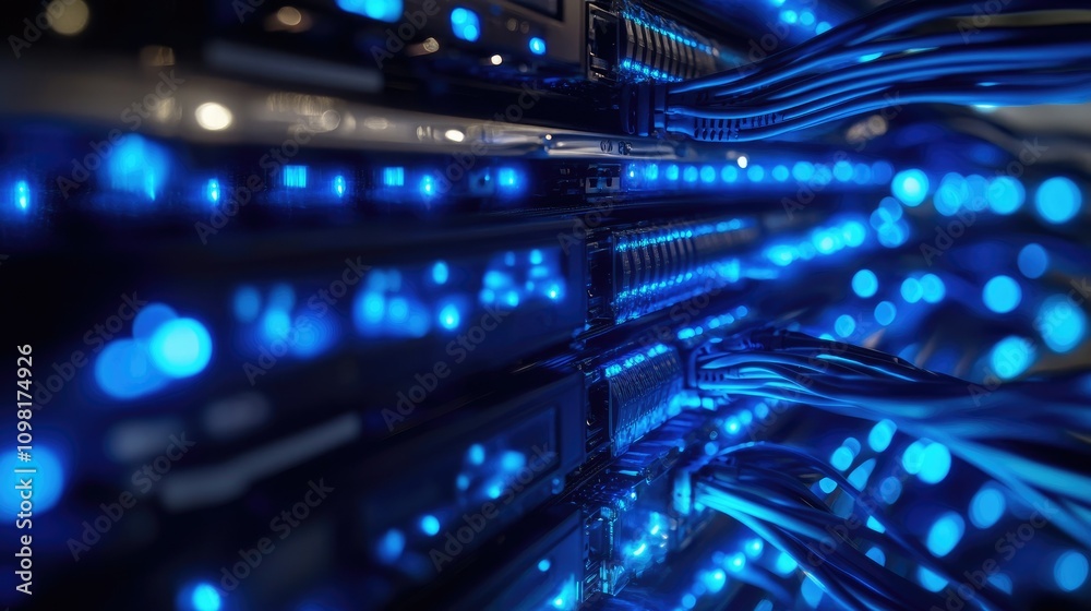 Aufkleber Glowing blue data cables connecting at high speed, representing fast, efficient network communication in a tech environment.