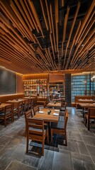 Fototapeta premium A modern restaurant interior featuring wooden decor and a cozy atmosphere.