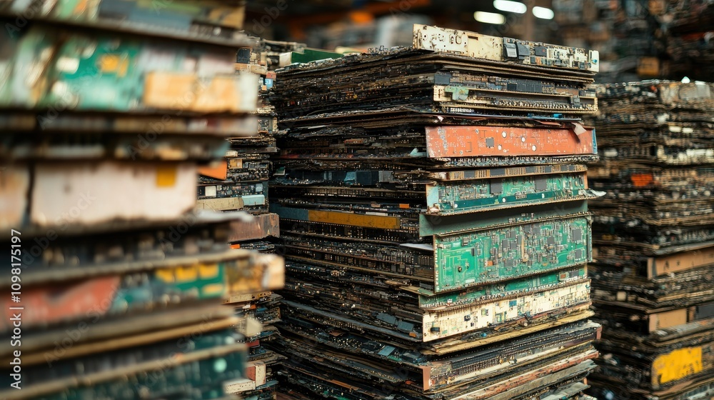 Poster high angle view of printed circuit boards stacked, ready for recycling to reduce e-waste and preserv