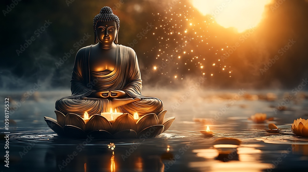 Poster buddhist statue meditation with floating candles and ethereal glow at sunrise : generative ai