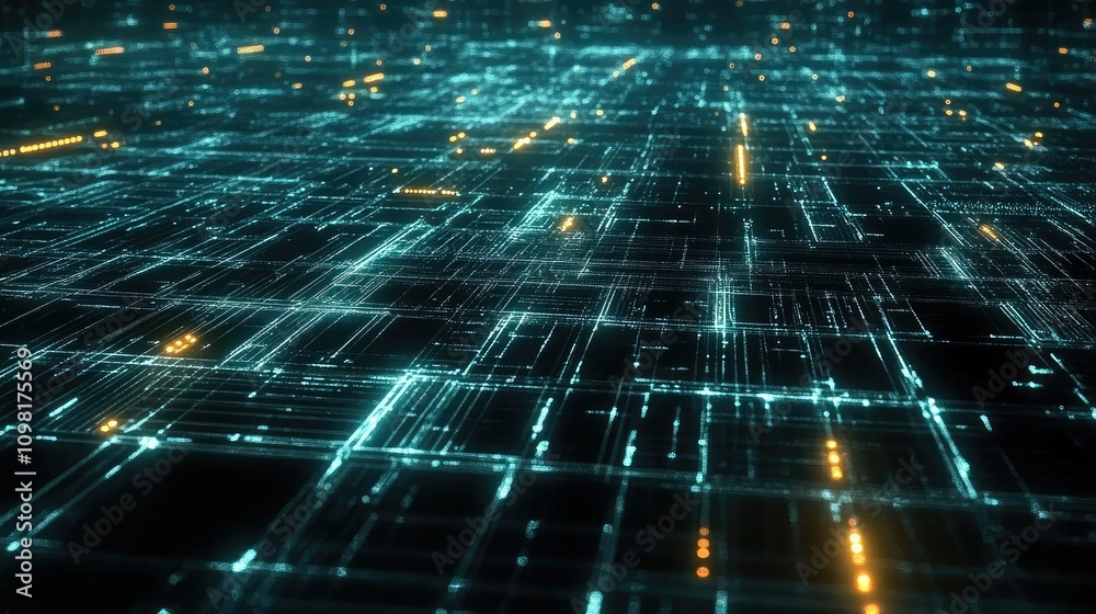 Poster High-speed data transmission visualized with glowing digital connections across a dark, grid-like network of lines.