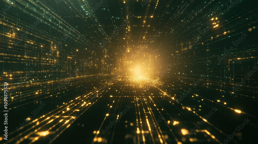 Aufkleber High-speed data transmission visualized with glowing digital connections across a dark, grid-like network of lines.