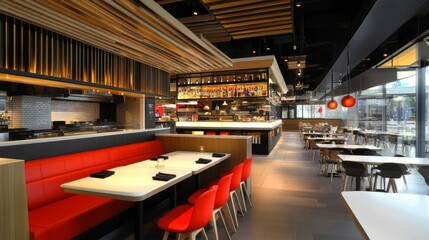 Modern restaurant interior featuring red seating and a sleek design for dining experiences.