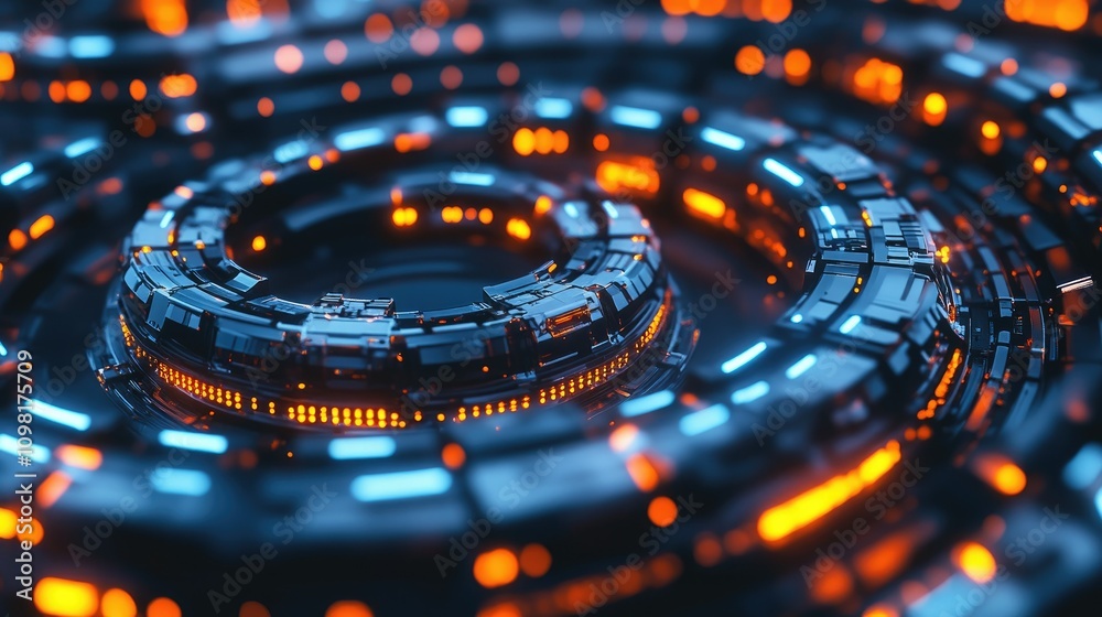 Poster Illustration of circular blockchain elements with glowing nodes and digital connections, representing decentralized systems.