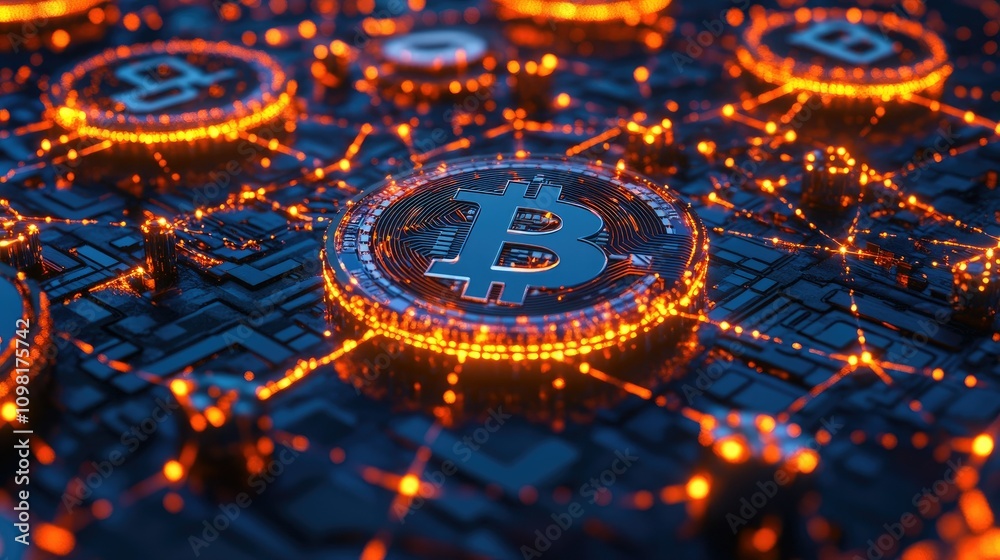 Poster Illustration of circular blockchain elements with glowing nodes and digital connections, representing decentralized systems.