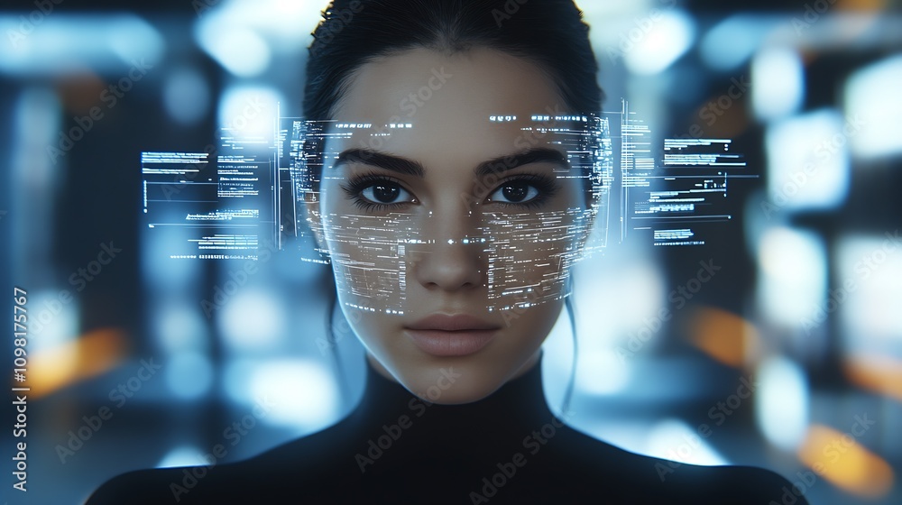 Aufkleber advanced cybernetic interface with female portrait in high-tech ambiance : generative ai