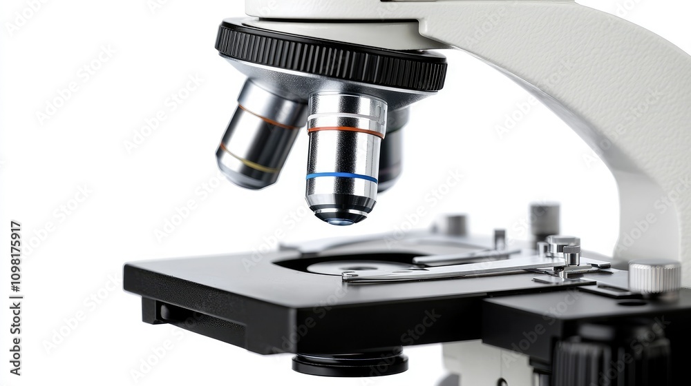 Poster Macro shot of a microscope lens focusing on a slide, demonstrating the close examination of biological samples.