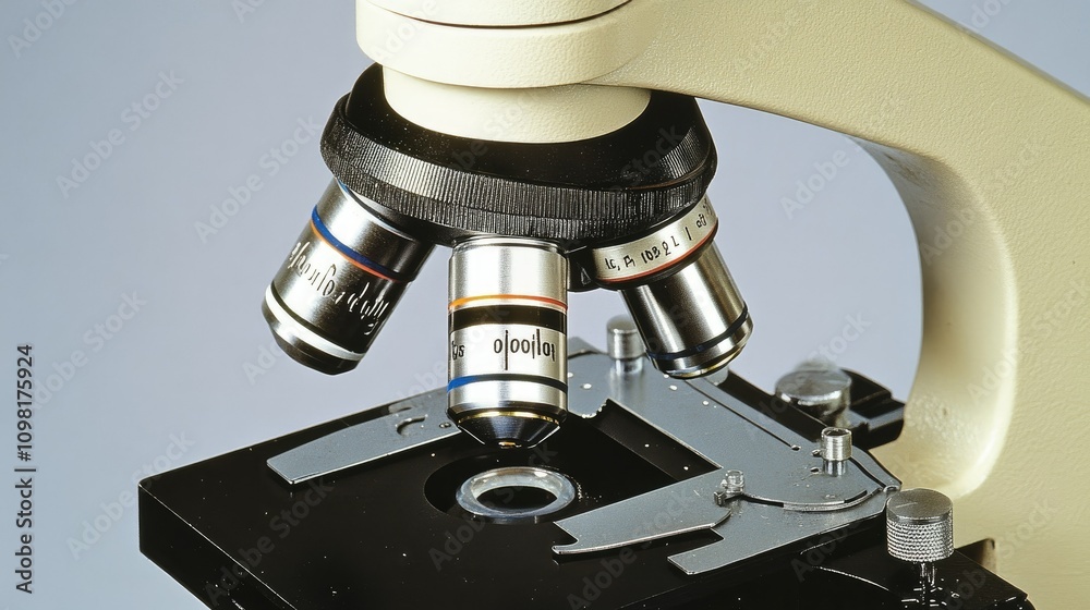 Poster Macro shot of a microscope lens focusing on a slide, demonstrating the close examination of biological samples.