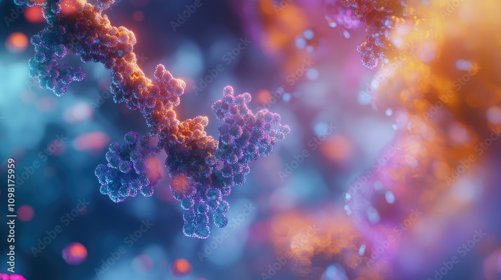 Poster Macro shot of DNA molecules at the cellular level, displaying complex structures and the beauty of genetic makeup.