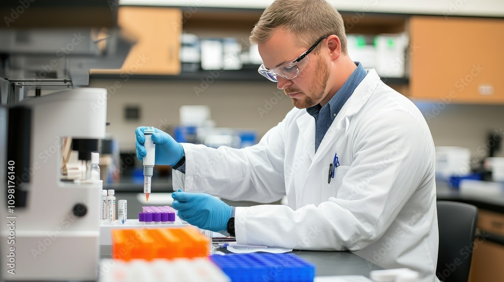 Poster medical researcher studying samples in the lab, showcasing the process of analyzing and testing in a