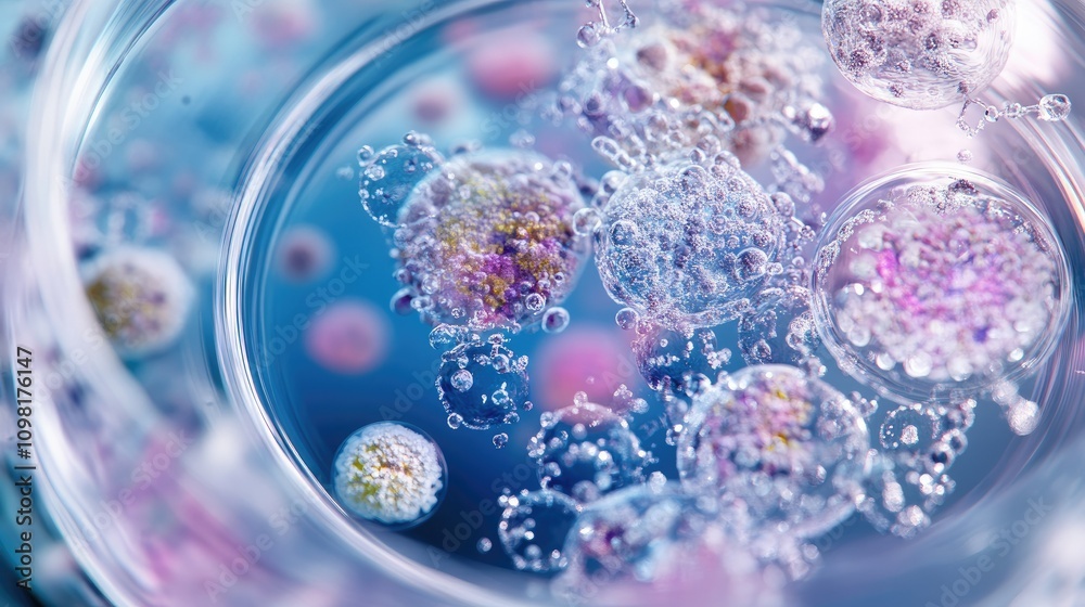 Poster microscopic view of cells in a petri dish, displaying complex structures and textures for research a