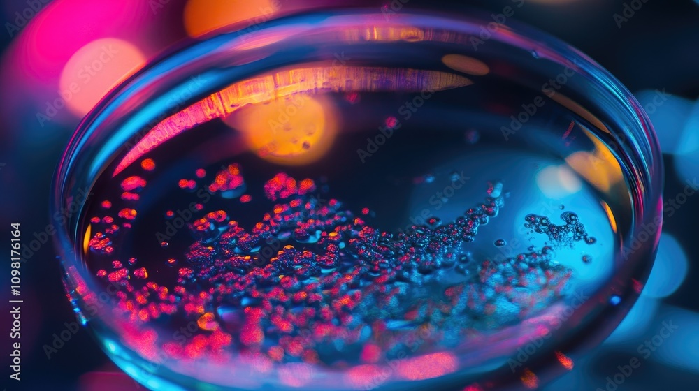 Poster microscopic view of cells in a petri dish, displaying complex structures and textures for research a