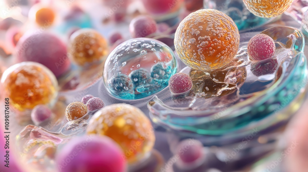 Poster microscopic view of cells in a petri dish, displaying complex structures and textures for research a