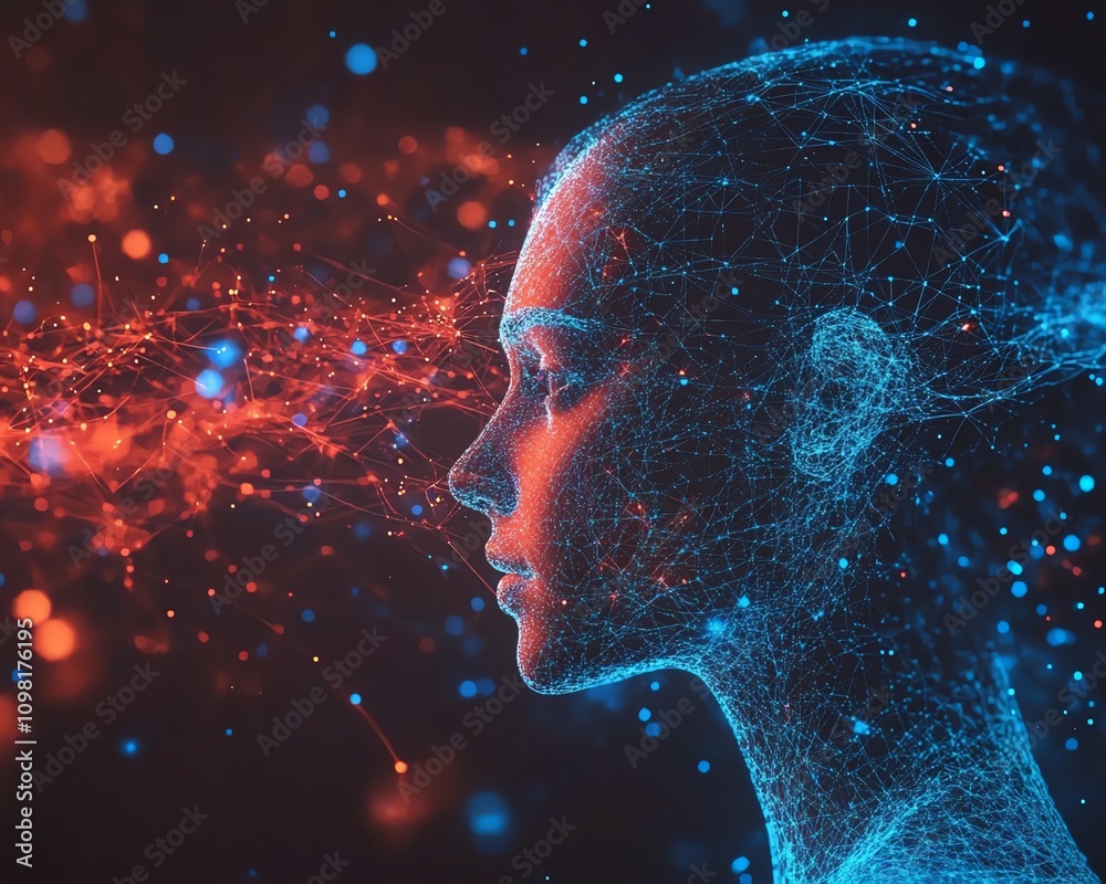 Leinwandbilder Abstract AIgenerated human profile with data streams and network nodes in blue and red, showcasing digital intelligence and technology