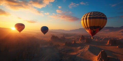 Obraz premium Colorful hot air balloons soar over a stunning desert landscape at sunset. created by ai