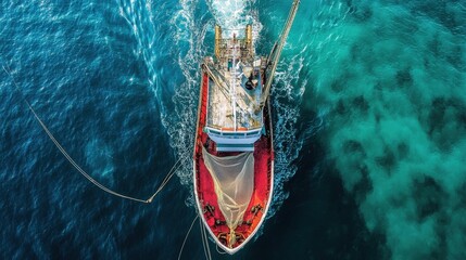 Obraz premium Top-Down View of a Fishing Vessel with Net in the Ocean