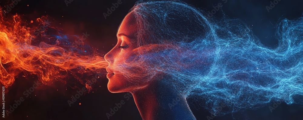 Leinwandbilder Abstract digital human profile with data streams and network nodes in blue and red, AI generative design, futuristic technology concept