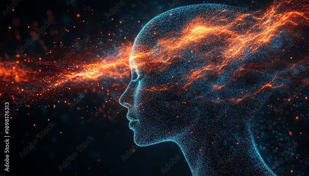 Leinwandbilder abstract digital human profile with flowing blue and red data streams, dark background, representing