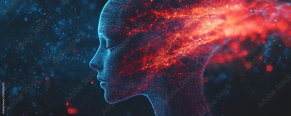 Leinwandbilder abstract digital human profile with data streams and network nodes in blue and red, ai generative de