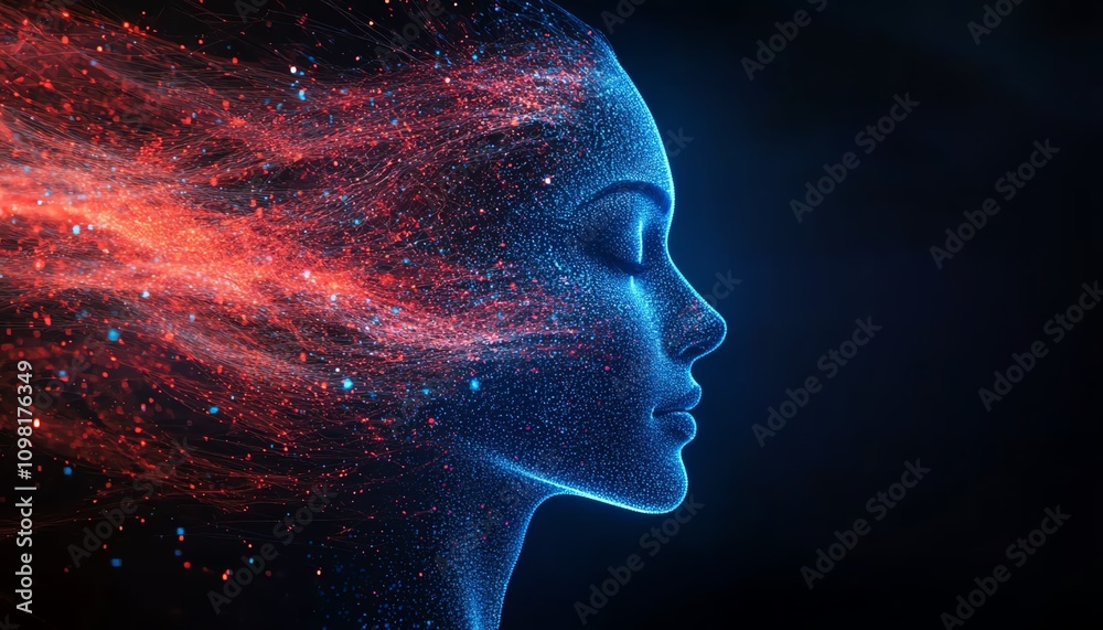 Aufkleber Abstract digital human profile with flowing blue and red data streams, dark background, representing AI and datadriven technology