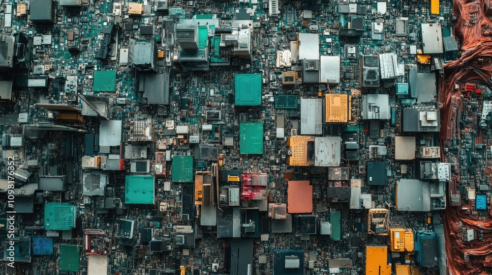 Poster printed circuit boards arranged in a recycling process, showcasing e-waste management and the need f