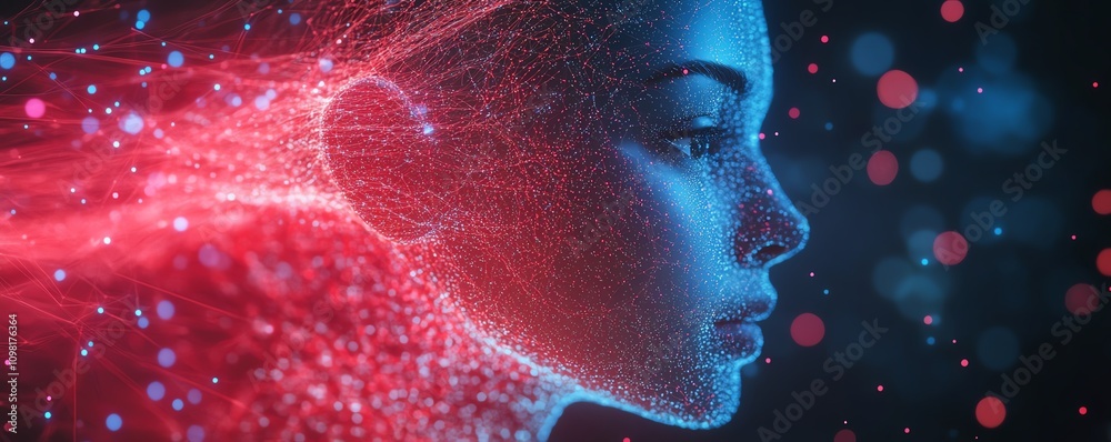 Aufkleber Abstract digital human profile with data streams and network nodes in blue and red, AI generative design, futuristic technology concept