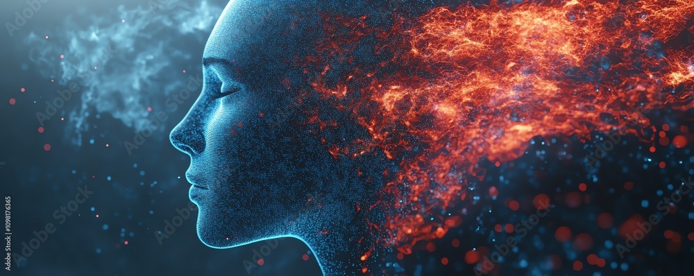 Aufkleber Abstract digital human profile with data streams and network nodes in blue and red, AI generative design, futuristic technology concept