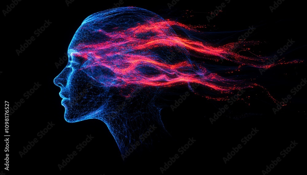 Leinwandbilder abstract human profile with blue and red data networks, network nodes, and connections, ai generativ