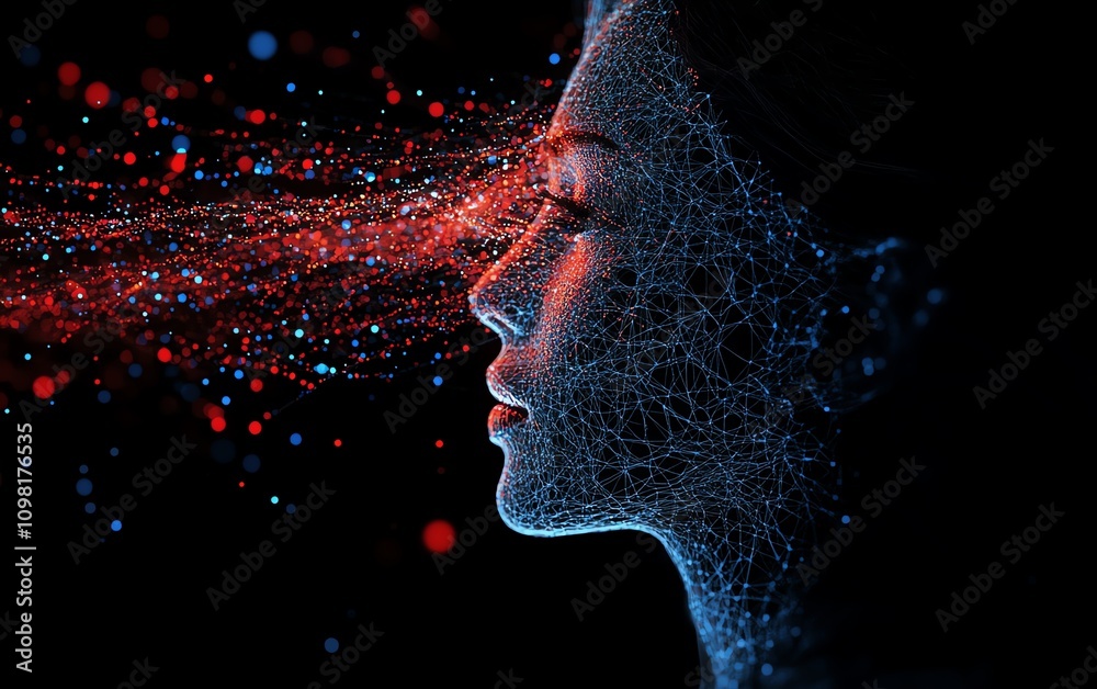 Poster Abstract human profile with intricate data streams and network nodes in blue and red, AI generative design, digital intelligence visualization