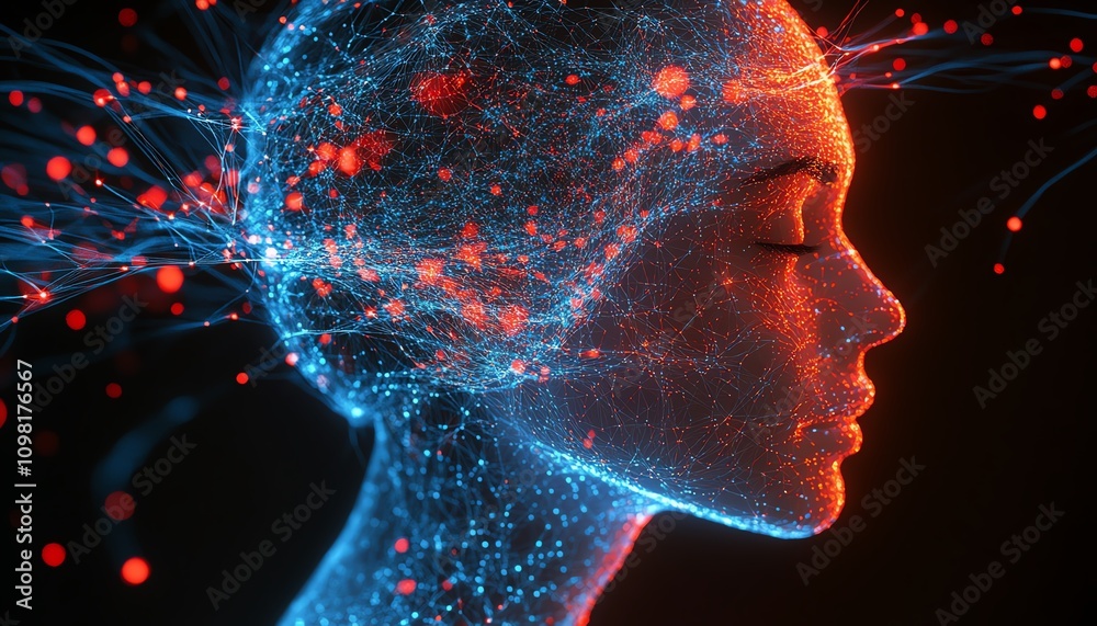 Aufkleber Abstract human profile with blue and red data networks, network nodes, and connections, AI generative style, symbolizing artificial intelligence