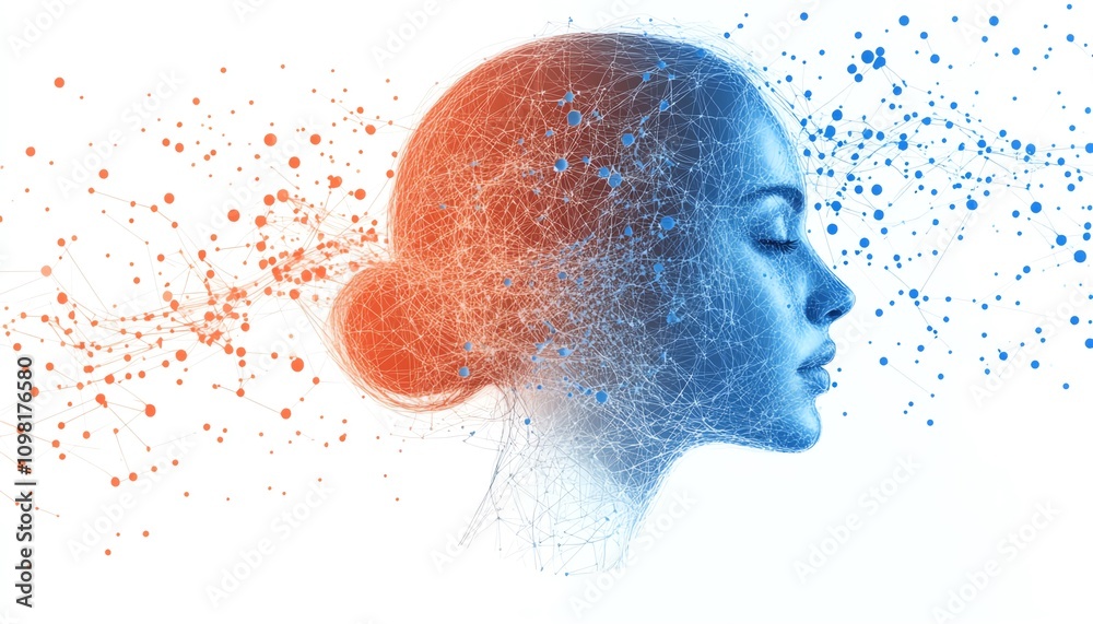 Leinwandbilder abstract human profile with blue and red data networks, network nodes, and connections, ai generativ